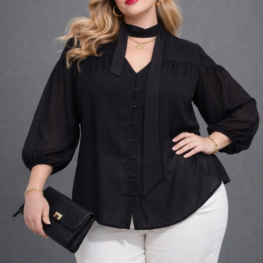 Time and Tru | Chic Black Sheer Tie-Neck Blouse | NWT | XL